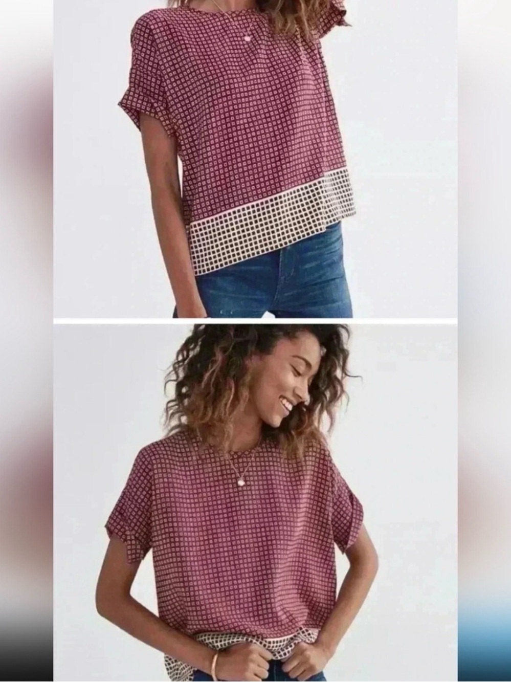 Madewell Burgundy Checkered Short Sleeve Tee with Contrast Hem